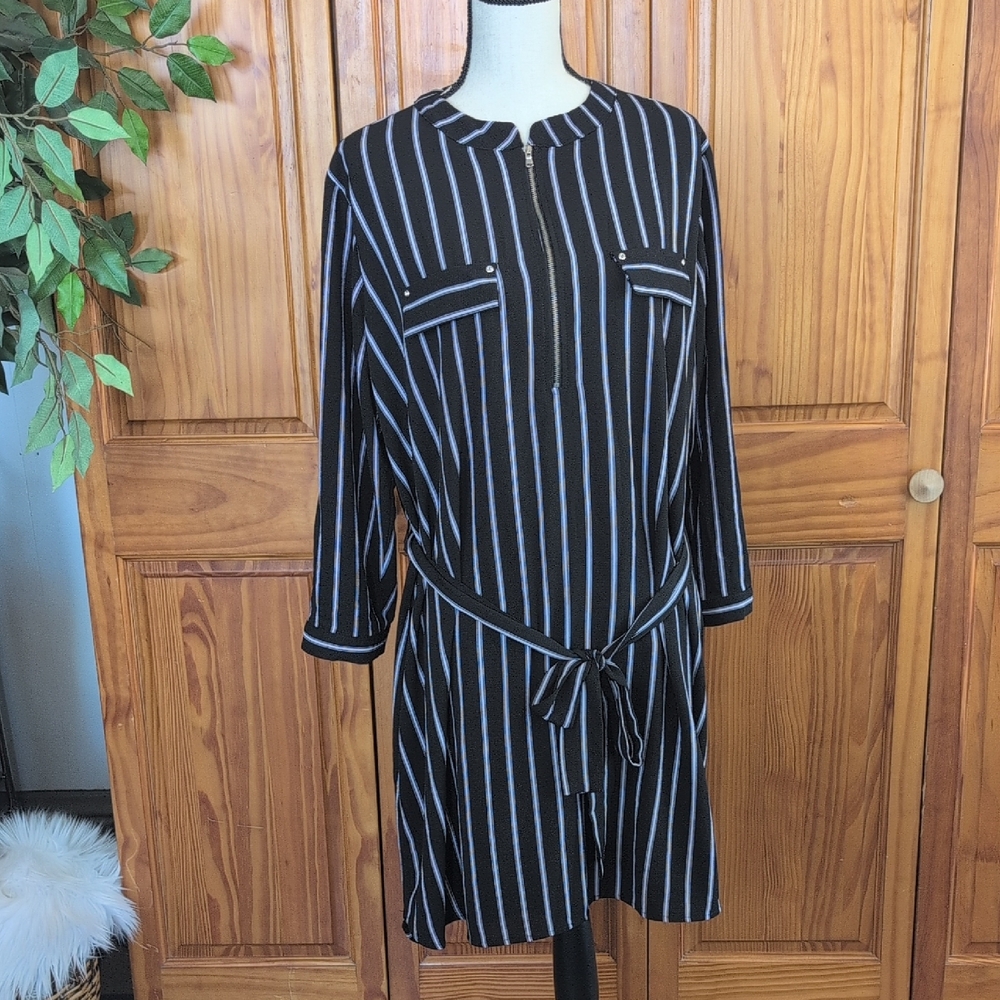 Always Indigo Striped Long Sleeve 1/4 Zip Belted Dress 2X               C495
